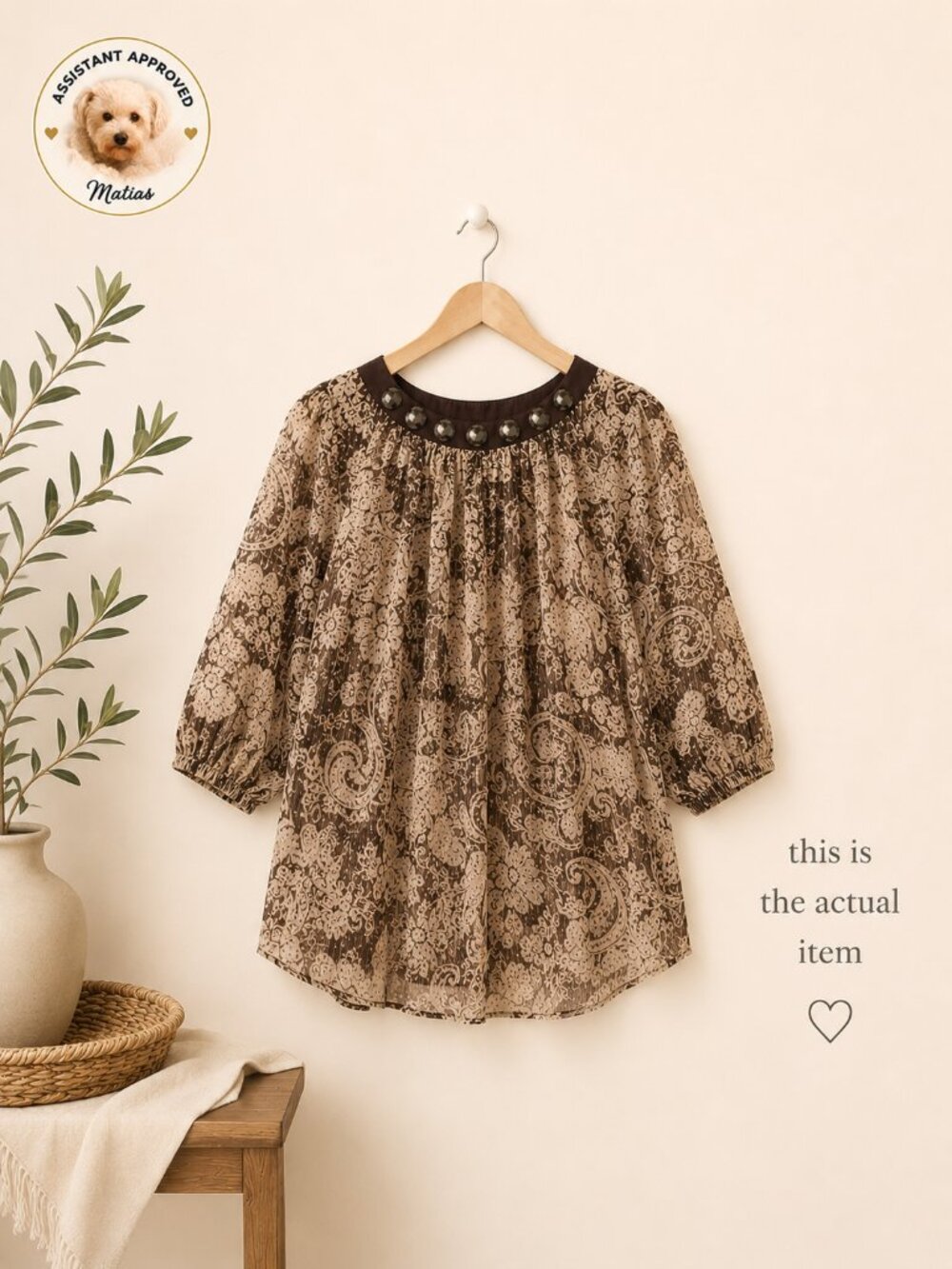 100% Silk Embellished Tunic Blouse Brown Ivory Metallic Thread ~ Silkland Size M